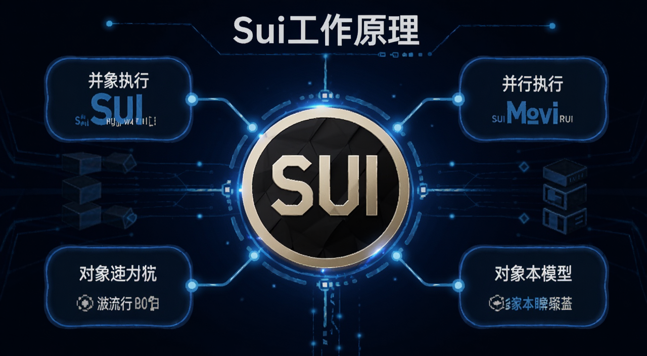 一张展示Sui区块链工作原理的示意图,画面中央是SUI代币标志,周围环绕着Move语言、并行执行、对象模型等关键词,整体风格科技感蓝色调,文字用“Sui工作原理”注明