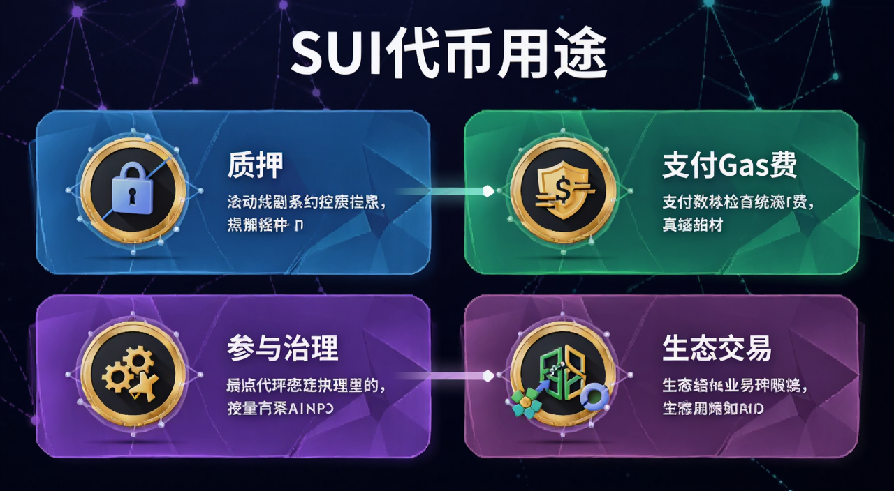 SUI代币用途场景示意图,画面展示质押、支付Gas费、参与治理、生态交易四个板块,文字用“SUI代币用途”注明