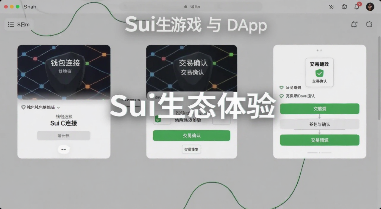 Sui链上游戏与DApp界面截图,画面展示钱包连接、交易确认等操作流程,文字用“Sui生态体验”注明