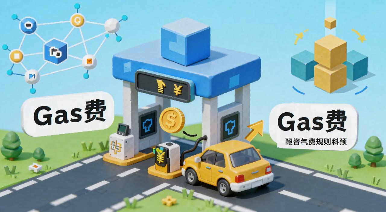 Gas费规则介绍科普插图,画面中央是一个卡通风格的区块链高速公路收费站,一辆小车正在支付Gas费代币,旁边有'Gas费'字样和手续费箭头,背景是节点网络和区块打包过程,整体色调明亮扁平化