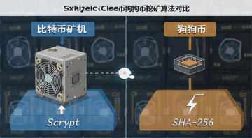 比特币矿机与狗狗币挖矿算法对比示意图,图中标注“比特币矿机”“狗狗币”“Scrypt”“SHA-256”字样