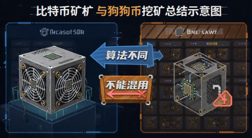 比特币矿机与狗狗币挖矿总结示意图,标注“算法不同”“不能混用”