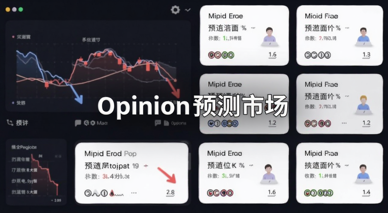 一张展示 Opinion 预测市场界面截图的插画,画面中有涨跌曲线和多个预测事件卡片,风格偏科技感,图片中央标注“Opinion预测市场”字样