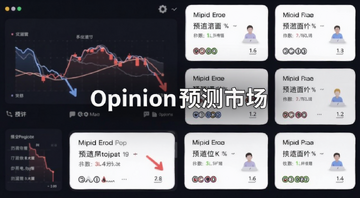 一张展示 Opinion 预测市场界面截图的插画,画面中有涨跌曲线和多个预测事件卡片,风格偏科技感,图片中央标注“Opinion预测市场”字样