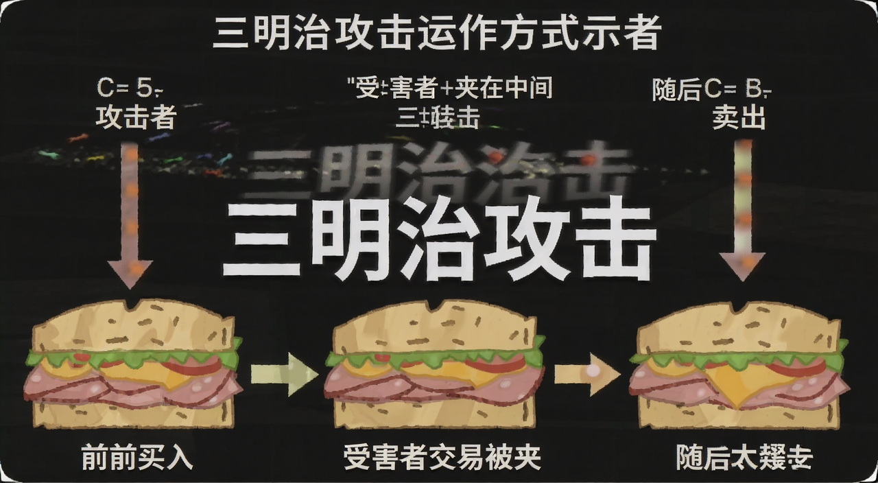 三明治攻击运作方式示意图,图中标注攻击者在前买入、受害者交易被夹在中间、攻击者随后卖出的三个步骤,用