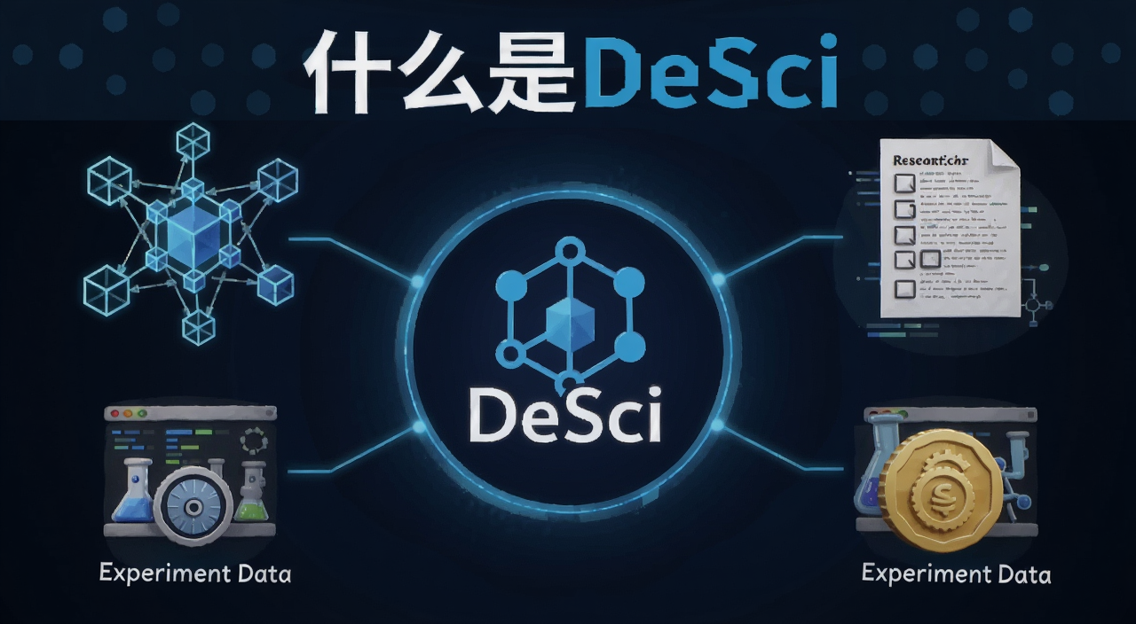 一张展示去中心化科学DeSci概念的信息图,中心是DeSci标志,周围连接着区块链节点、科研论文、实验数据、代币图标,风格科技感蓝色调,图片上方标注文字“什么是DeSci”