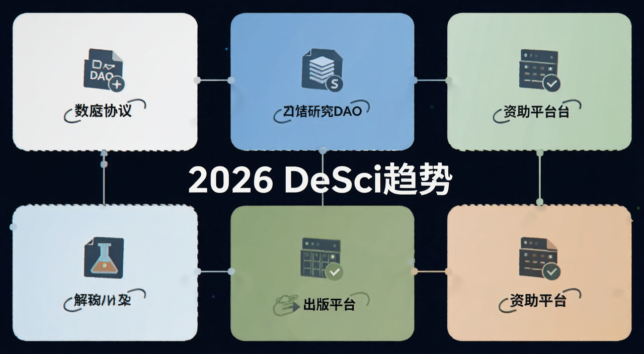 一张2026年DeSci生态全景图,展示科研DAO、数据协议、出版平台、资助平台等模块,风格简洁扁平化,图片中央标注文字“2026 DeSci趋势”