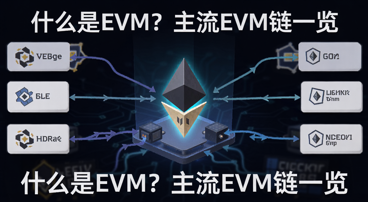 一张以EVM为核心的区块链架构示意图,画面中央是发光的以太坊虚拟机图标,周围连接着多条主流公链,配文字“什么是EVM?主流EVM链一览”