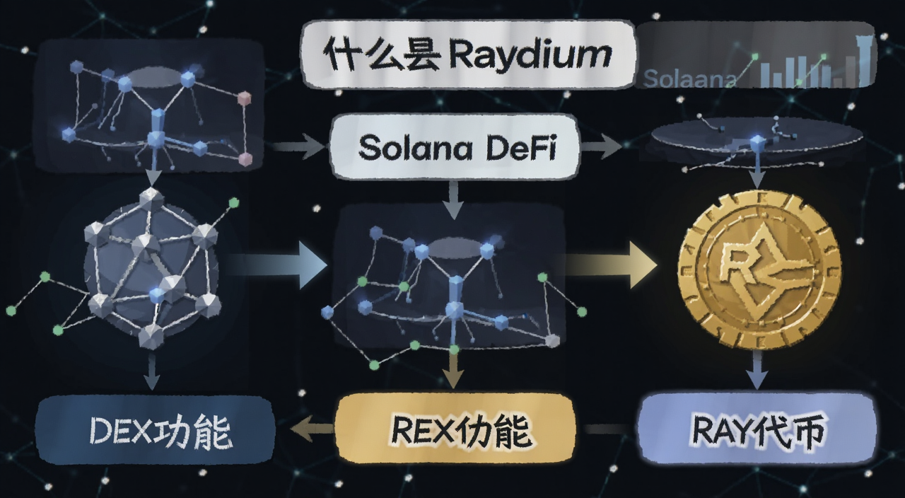 Raydium Solana DeFi平台DEX功能与RAY代币详解示意图,图中标注“什么是Raydium”“Solana DeFi”“DEX功能”“RAY代币”等关键词