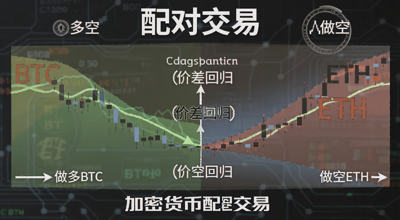 加密货币配对交易运作机制示意图,展示BTC和ETH两个币种的多空仓位对比,图中标注文字“配对交易”“价差回归”“做多BTC”“做空ETH”,关键词包含加密货币配对交易