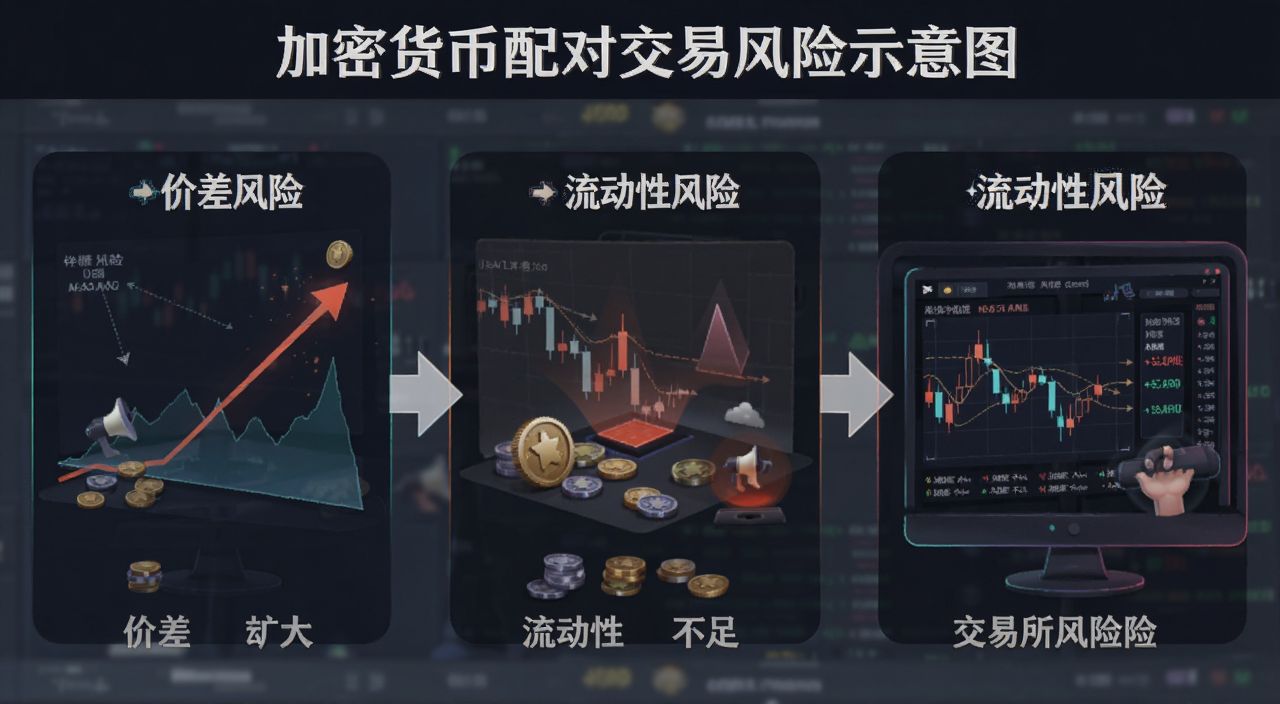 加密货币配对交易风险示意图,展示价差扩大、流动性不足、交易所故障等风险场景,图中标注文字“价差风险”“流动性风险”“交易所风险”,关键词包含加密货币交易风险