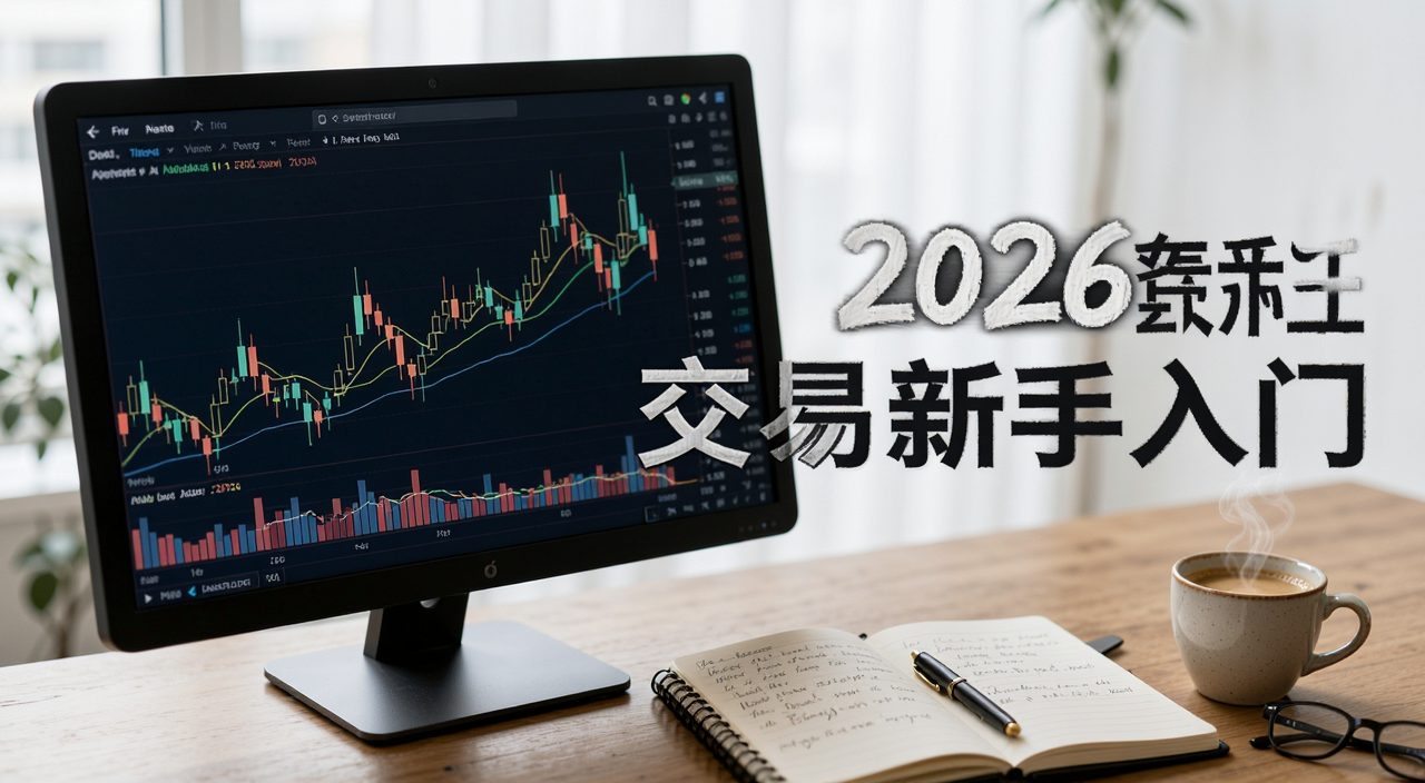 交易新手入门教程封面图,画面中有一块显示屏显示K线走势图,旁边放着笔记本和咖啡,标题文字“2026交易新手入门”