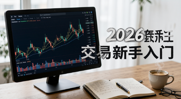 交易新手入门教程封面图,画面中有一块显示屏显示K线走势图,旁边放着笔记本和咖啡,标题文字“2026交易新手入门”