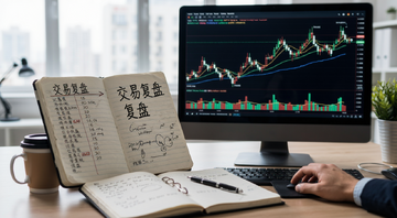 交易高手复盘总结笔记,画面中有交易记录本和电脑屏幕上的K线图,关键词“交易复盘”