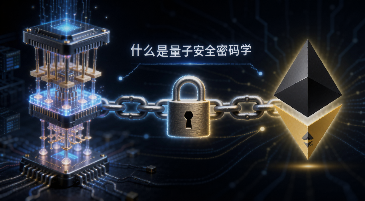 量子安全密码学与以太坊性能关系概念图,画面左侧是发光的量子计算机,右侧是以太坊标志,中间用锁链连接,标注“什么是量子安全密码学”字样