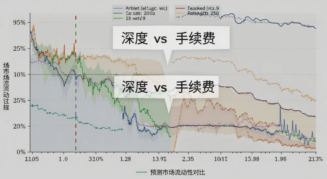 预测市场流动性对比图表,文字标注“深度 vs 手续费”