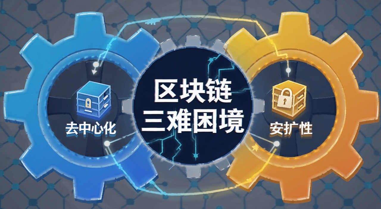 区块链三难困境概念示意图,包含去中心化、安全性、可扩展性三个齿轮相互咬合,中间标注“区块链三难困境”文字