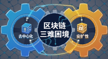 区块链三难困境概念示意图,包含去中心化、安全性、可扩展性三个齿轮相互咬合,中间标注“区块链三难困境”文字