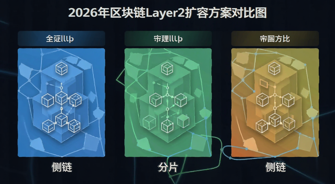 2026年区块链Layer2扩容方案对比图,标注Rollup、分片、侧链等方案文字