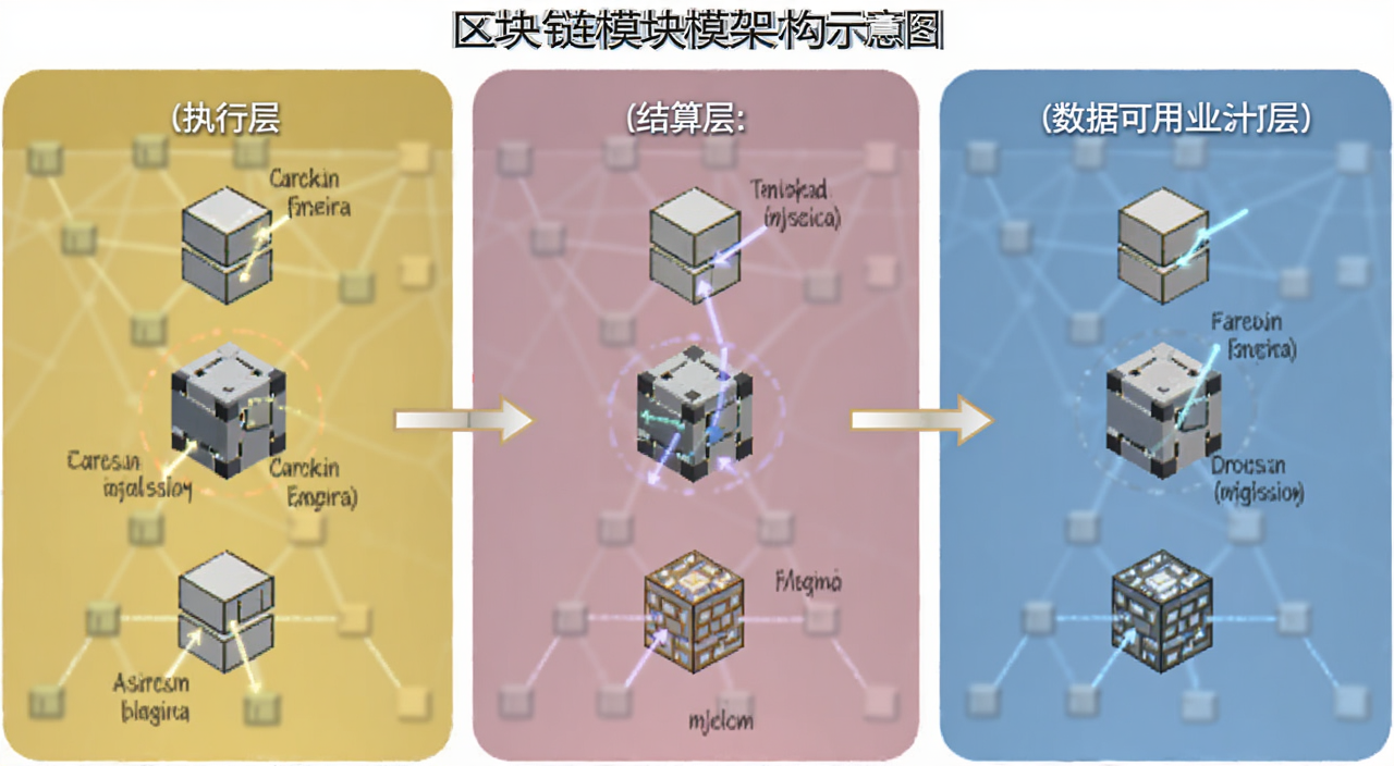 区块链模块化架构示意图,展示执行层、结算层、数据可用性层分离,标注区块链三难困境文字