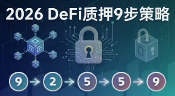 DeFi质押入门指南封面图,画面中有区块链节点、质押锁仓图标和9步流程数字,文字标注“2026 DeFi质押9步策略”