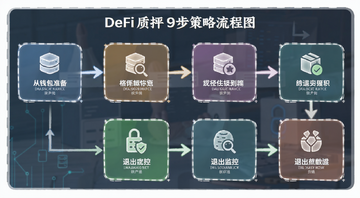 DeFi质押9步策略流程图,从钱包准备到退出监控的完整步骤示意图