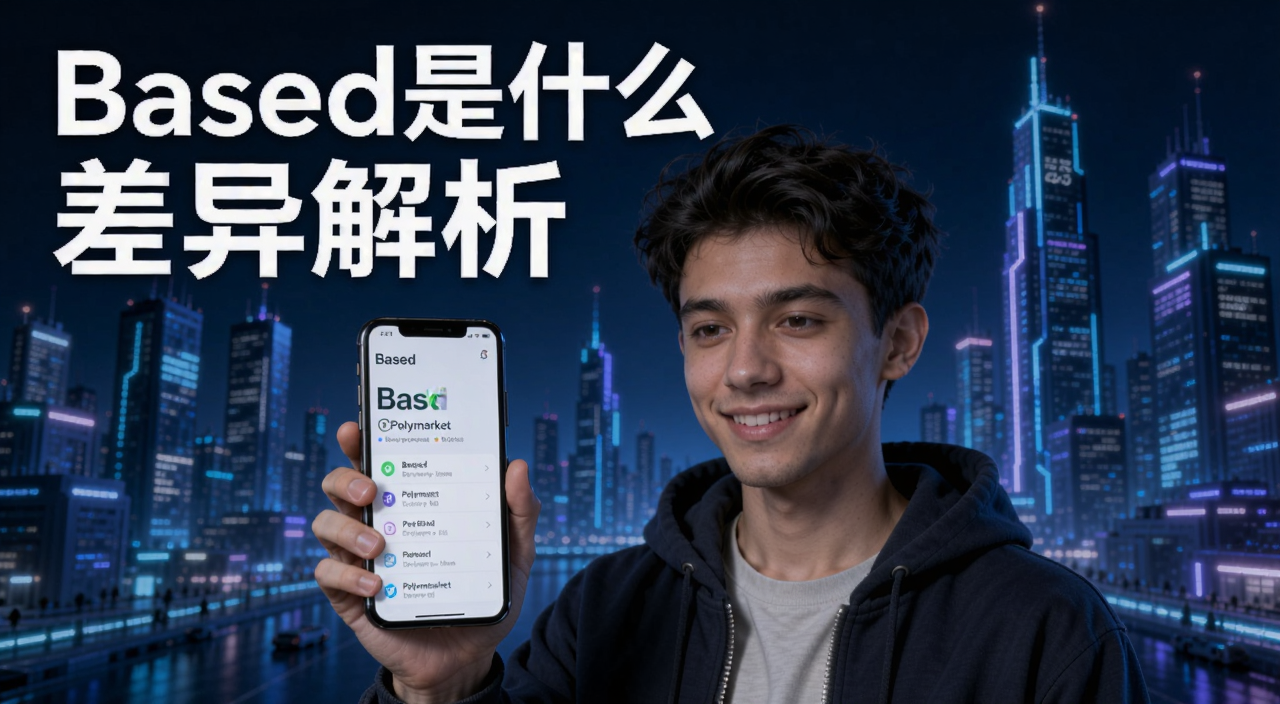 Based是什么?Based与Polymarket差异解析以及Web3超级应用介绍 封面图,画面中一个年轻人拿着手机看着Based和Polymarket的界面对比,背景是Web3风格的科技感城市,文字标注“Based是什么”和“差异解析”