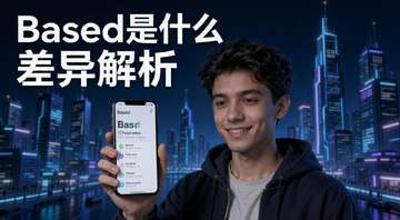 Based是什么?Based与Polymarket差异解析以及Web3超级应用介绍 封面图,画面中一个年轻人拿着手机看着Based和Polymarket的界面对比,背景是Web3风格的科技感城市,文字标注“Based是什么”和“差异解析”