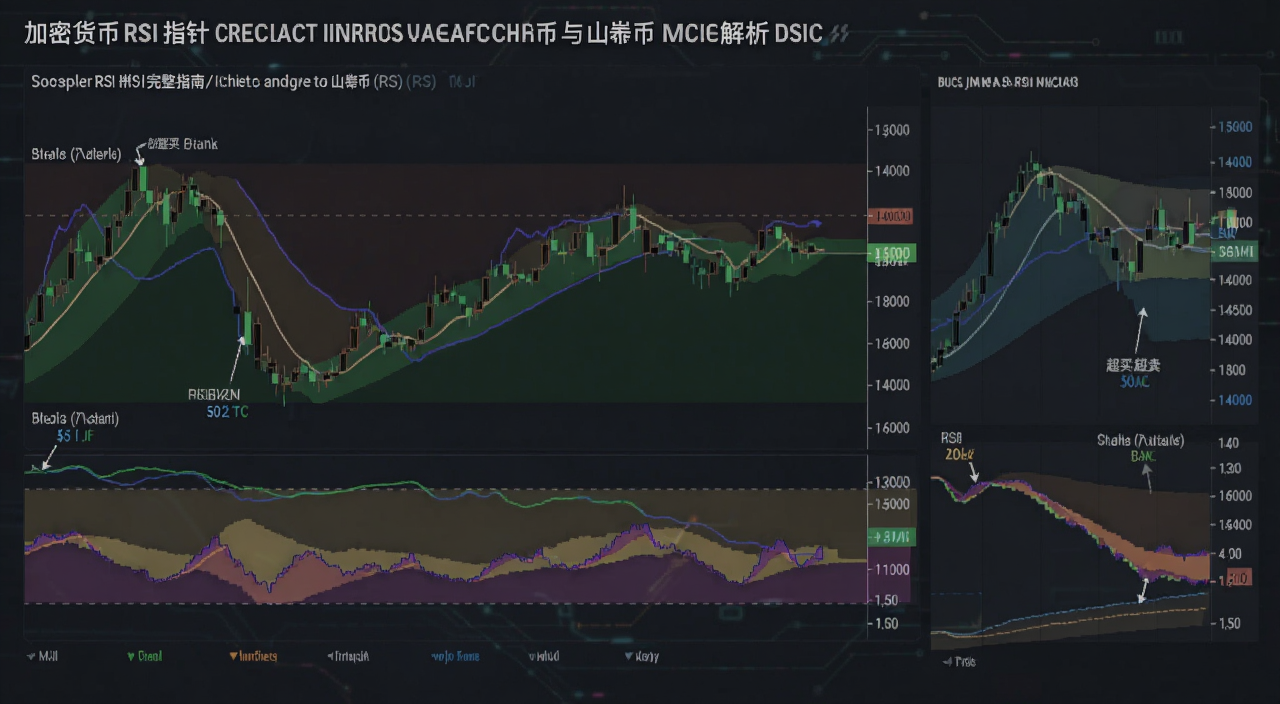 加密货币RSI指针完整指南比特币与山寨币动能解析示意图,画面中央是比特币K线图叠加RSI指标曲线,旁边有山寨币走势对比,文字标注超买超卖区域和背离信号,风格简洁专业