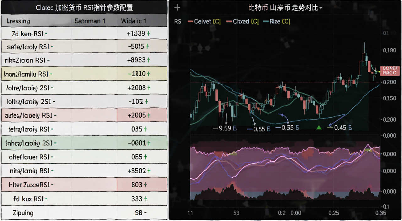 加密货币RSI指针参数配置表格与比特币山寨币走势对比图,文字标注不同周期RSI数值