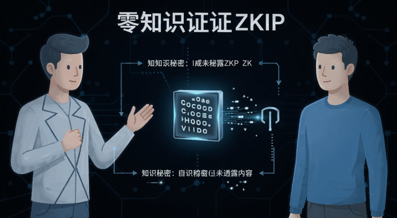 零知识证明ZKP概念示意图,一个人向另一个人证明知道秘密但未透露秘密内容,画面简洁科技感,文字标注零知识证明,