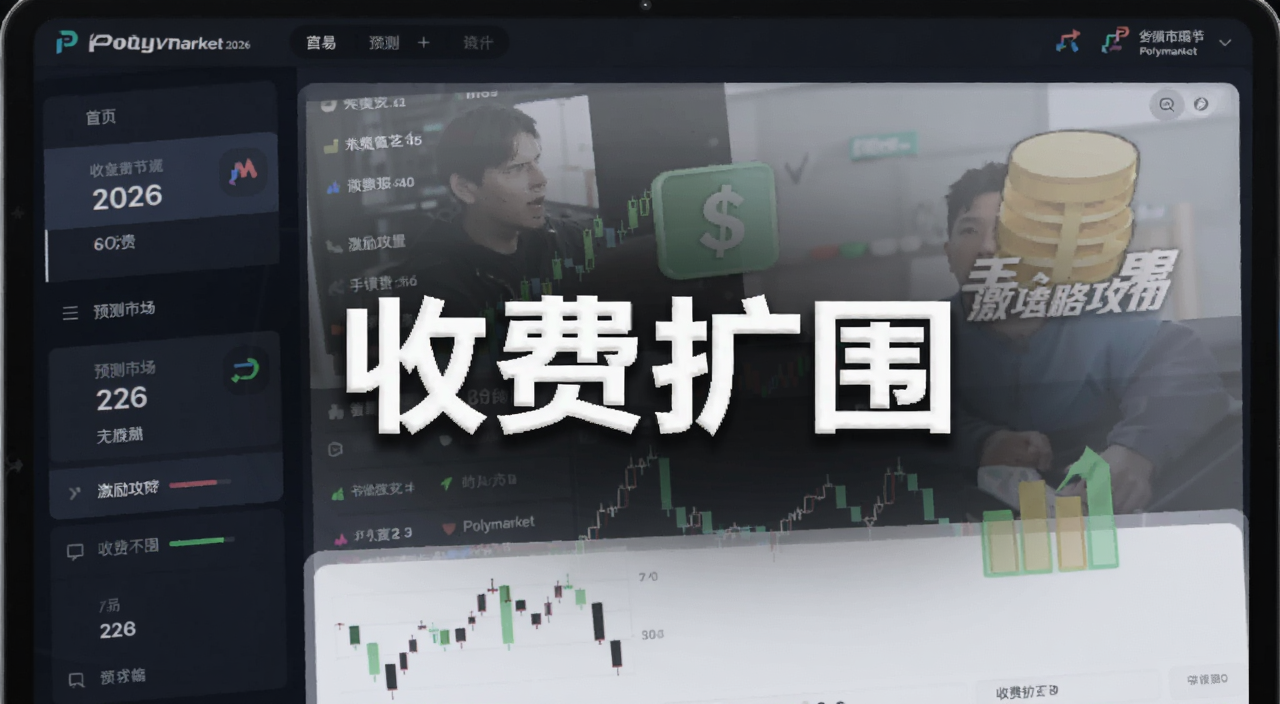 Polymarket 2026新版收费扩围与激励攻略,画面为预测市场交易界面与手续费图标,文字标注“收费扩围”