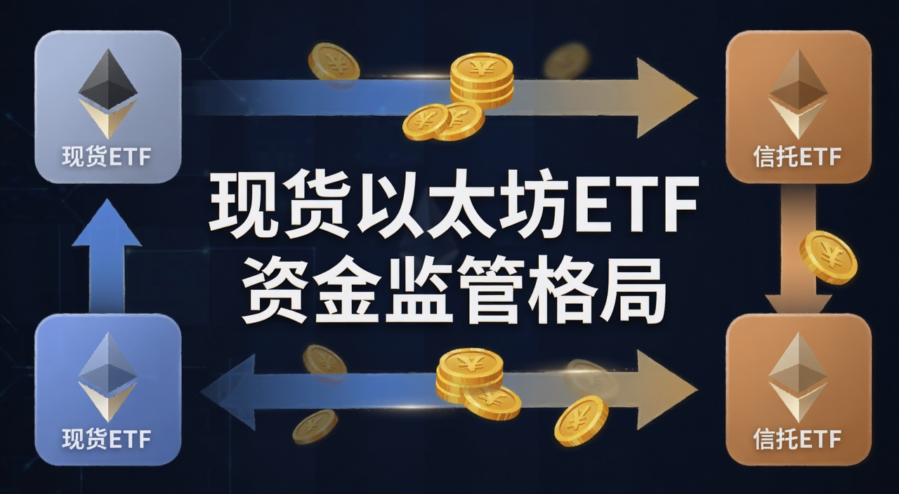 一张展示以太坊ETF资金流向的示意图,左侧是现货ETF图标,右侧是信托ETF图标,中间用箭头和金币表示资金流动,画面中央用大字标注“现货以太坊ETF 资金监管格局”