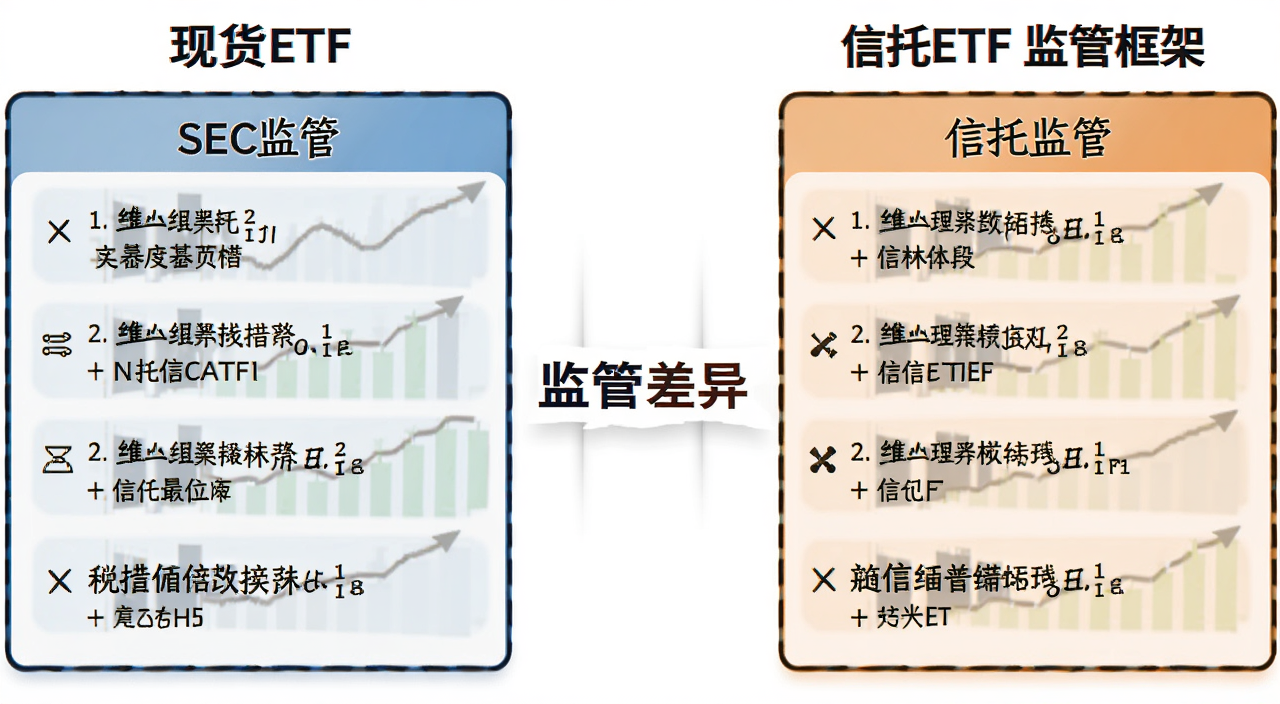 一张对比现货ETF与信托ETF监管框架的简图,用两个方框分别列出SEC监管和信托监管要点,中间用“监管差异”文字连接,关键词包含信托ETF