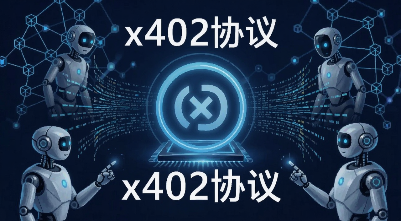 一张科技感插画,画面中央是一个发光的支付协议符号,周围环绕着AI机器人和数据流,背景是区块链网络节点,突出x402协议的核心概念,图片中文字标注“x402协议”