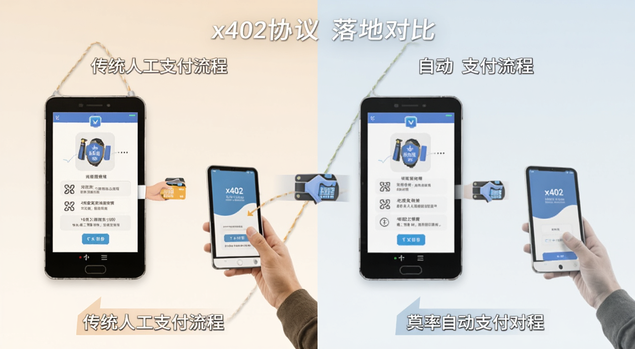 一张对比图,左边是传统人工支付流程,右边是x402协议自动支付流程,突出效率差异,文字标注“x402协议落地对比”