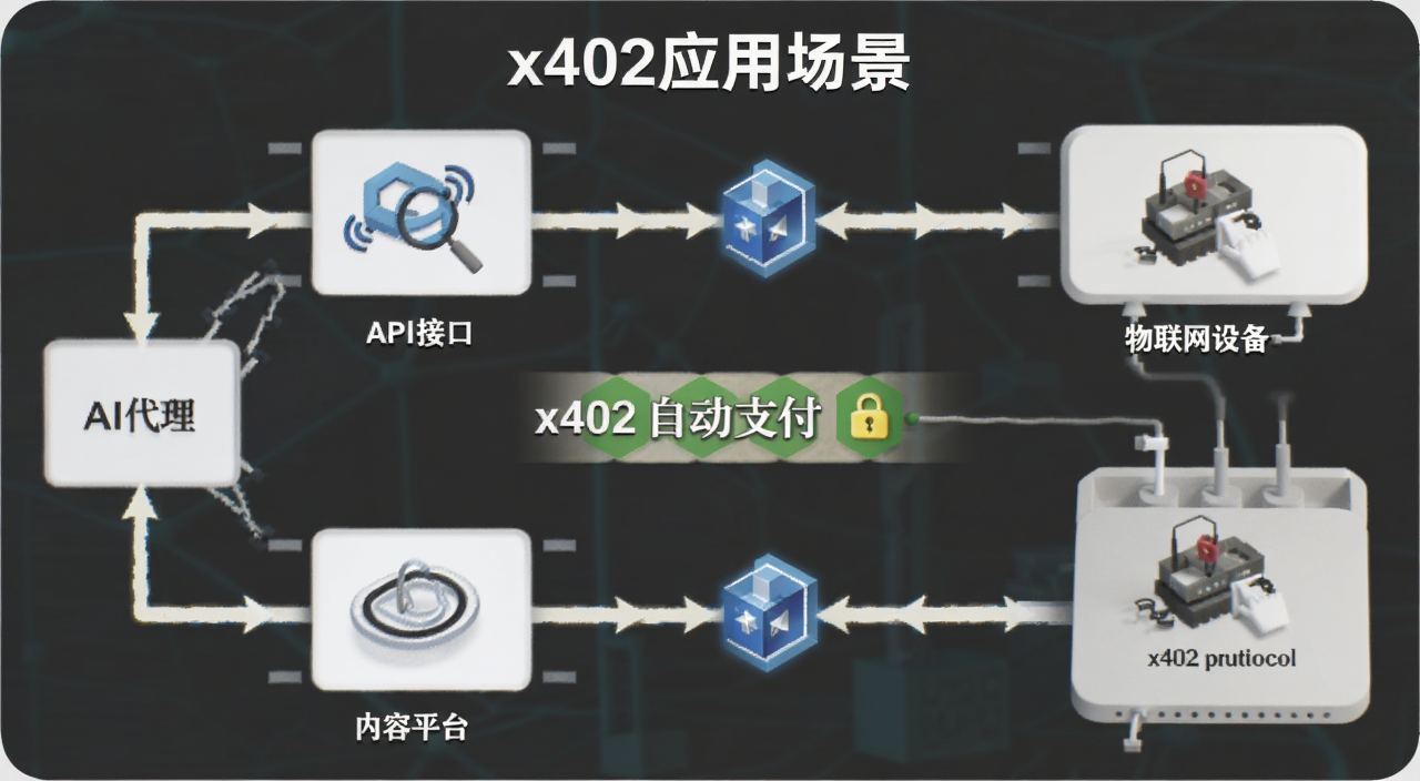 一张应用场景示意图,展示AI代理、API接口、物联网设备、内容平台通过x402协议自动支付,画面中有多个支付箭头和区块链图标,文字标注“x402应用场景”