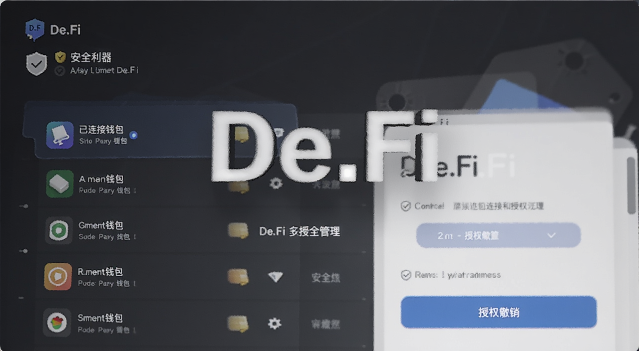 De.Fi 钱包连接和授权管理页面,展示已连接钱包列表和授权撤销按钮,用文字标注“De.Fi”和“安全利器”