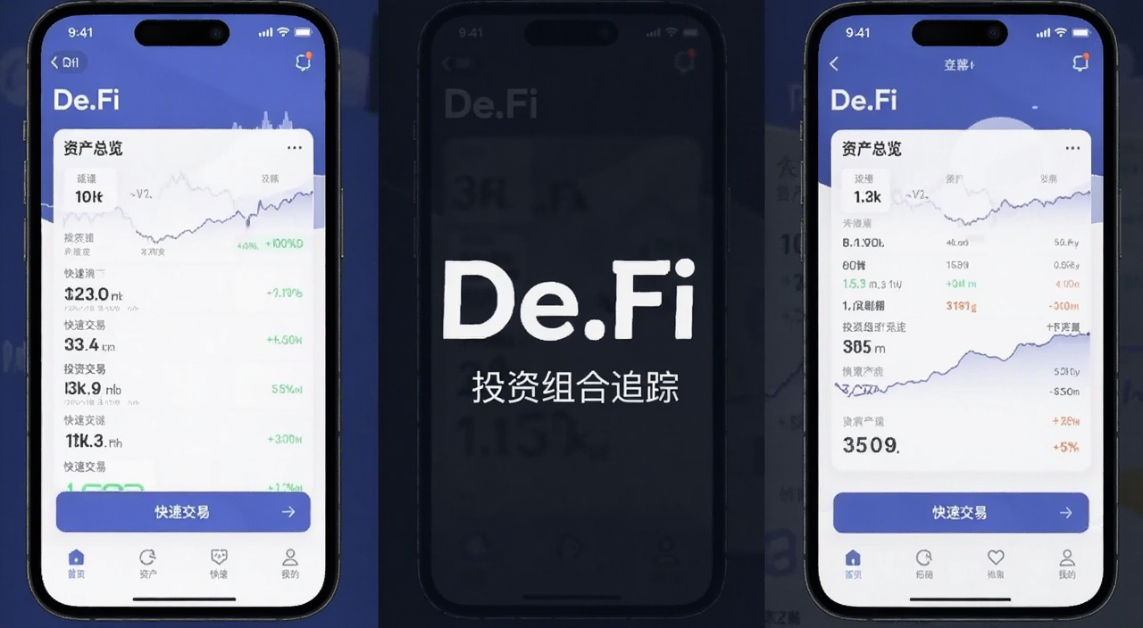 De.Fi 移动端App界面展示,显示资产总览和快速交易入口,用文字标注“De.Fi”和“投资组合追踪”