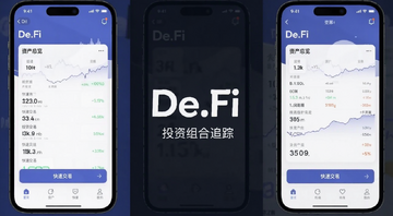 De.Fi 移动端App界面展示,显示资产总览和快速交易入口,用文字标注“De.Fi”和“投资组合追踪”