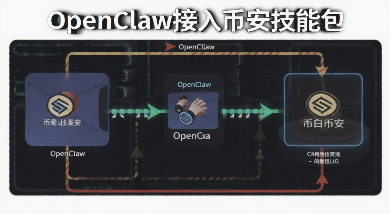 OpenClaw接入币安技能包速通教程示意图,图中标注OpenClaw与币安技能包对接流程,文字注明