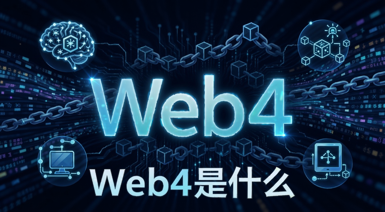 一张展示未来互联网概念的插画,画面中央是发光的Web4字样,周围环绕着人工智能大脑、区块链链条、物联网设备图标,背景是流动的数据流,风格科技感强,文字用“Web4是什么”标注