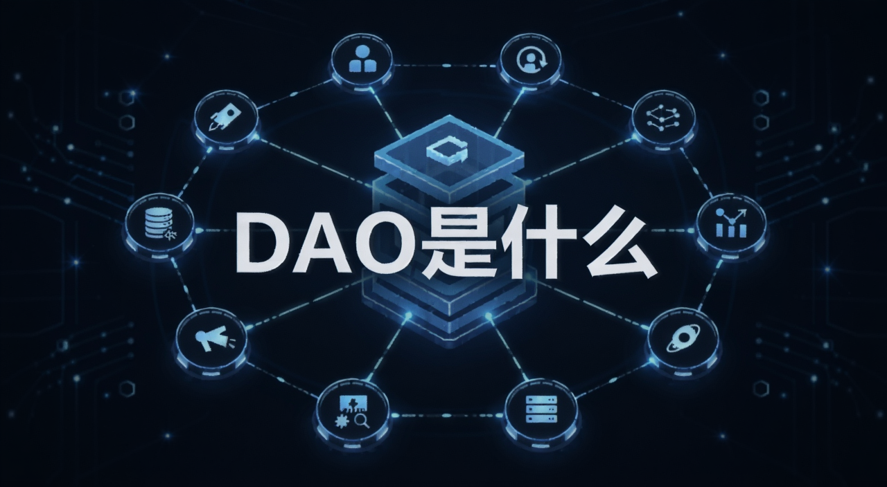 去中心化自治组织概念示意图,一群节点围绕中心智能合约运转,画面中央用醒目文字标注“DAO是什么”,风格简洁科技感