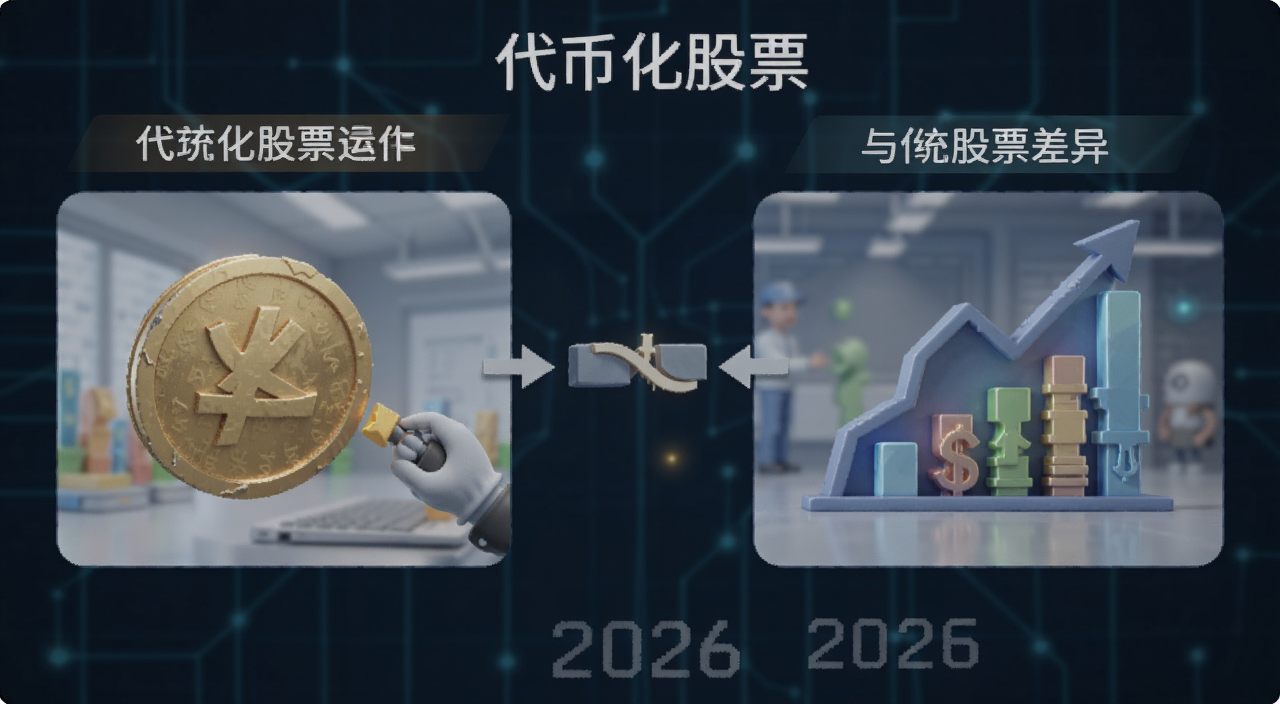 代币化股票是什么 与传统股票差异 2026年代币化股票运作 概念图 文字注明“代币化股票”