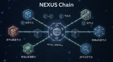NEXUS Chain区块链网络结构示意图,中心是NEXUS Chain主链,周围连接多条其他区块链,标注跨链通信和轻节点,图中有文字“NEXUS Chain”