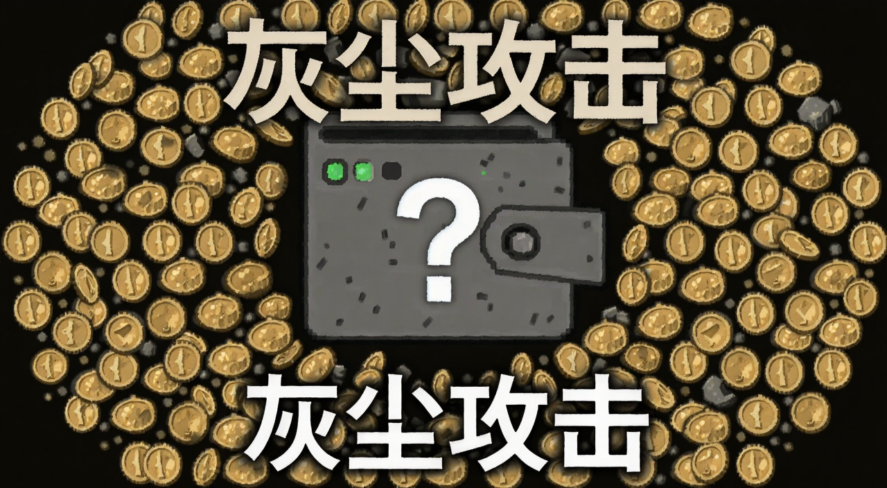 加密货币灰尘攻击概念示意图,一个钱包地址被许多微小灰尘币包围,中心有问号图标表示追踪风险,图片中文字注明“灰尘攻击”