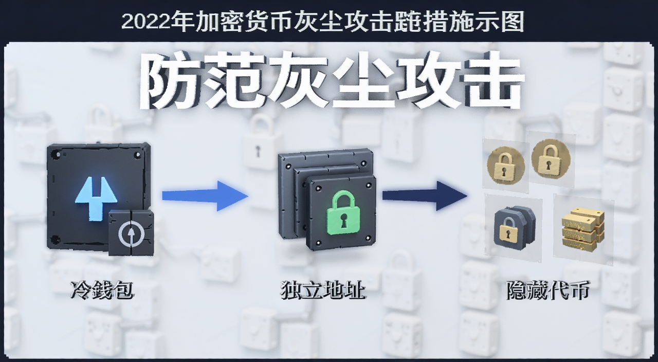 2026年加密货币灰尘攻击防范措施示意图,展示冷钱包、独立地址、隐藏代币等操作,图片中文字注明“防范灰尘攻击”
