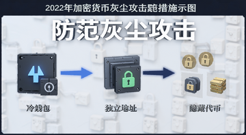 2026年加密货币灰尘攻击防范措施示意图,展示冷钱包、独立地址、隐藏代币等操作,图片中文字注明“防范灰尘攻击”