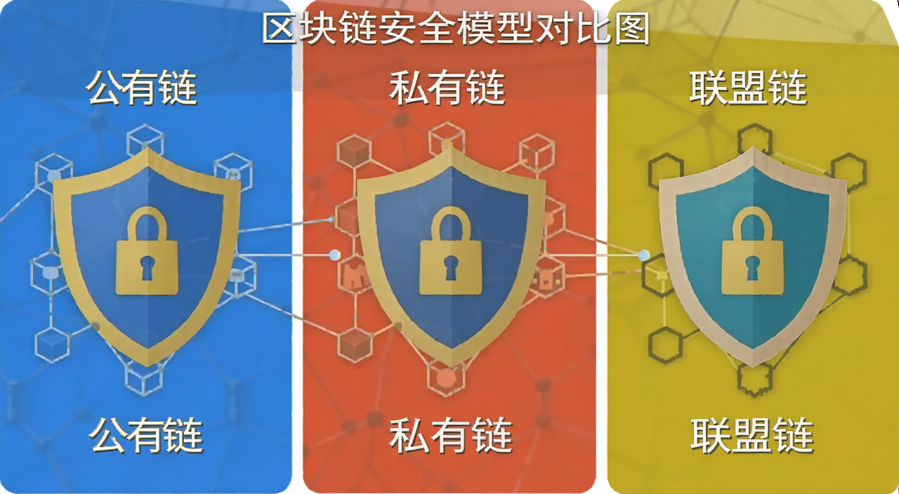 区块链安全模型对比图,标注“公有链”“私有链”“联盟链”文字,用盾牌图标表示安全等级