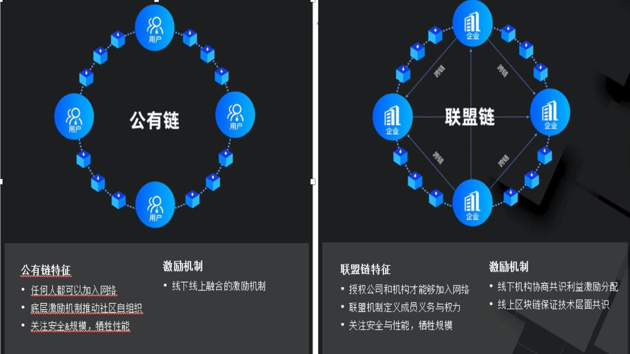 公有链和联盟链架构对比图,包含节点分布示意